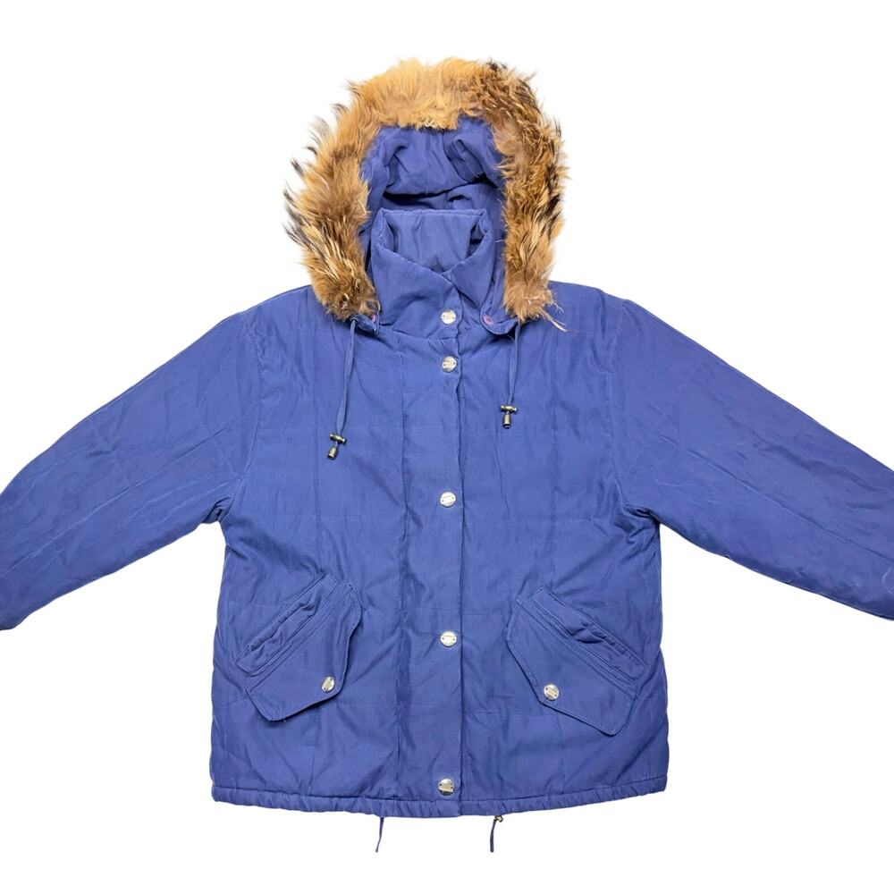 Bernardo Women’s Medium Blue Hooded Puffer Parka Faux Fur Trim Winter Coat
